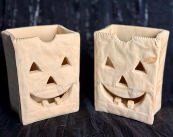 Vintage Halloween Jack-O’-Lantern Luminaries Set of 2 • Ceramic Pumpkin Candle Holders • Rustic Fall Decor • Spooky Cute Autumn Display