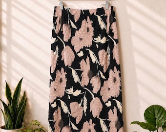 Falda larga vintage de los 90 en negro y gris topo con estampado floral / Cintura elástica con textura arrugada / Falda larga estilo grunge Whimsigoth / Grande
