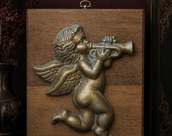 Vintage Cherub Wall Plaque Cast Metal on Wood | Gold Angel Gallery Wall Decor