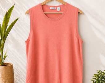 Vintage Marshall Field's Silk Angora Blend Ärmellose Pullover-Hülle | Koralle Rosa Strick Tank Top | Damen XL | Adrette Küsten Minimalist