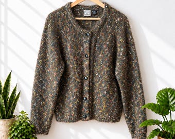Vintage 80s 90s Mohair Cardigan Sweater Speckled Boucle Knit  Dark Academia Medium