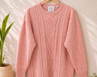 Vintage Handknit Peach Cable Knit Sweater | Irish Fisherman Style | Cottagecore Spring Knit | Soft Pastel Pink Crewneck | Oversized Small