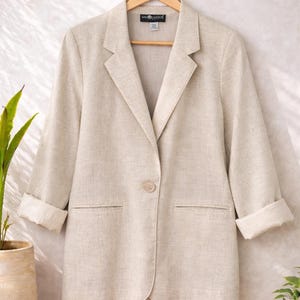 Vintage 90s Sag Harbor Linen Blend Blazer | Neutral Minimalist Coastal Grandmother Jacket  | Size 12P