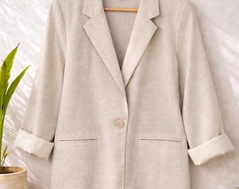 Vintage 90s Sag Harbor Linen Blend Blazer | Neutral Minimalist Coastal Grandmother Jacket  | Size 12P