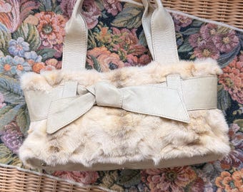 Vintage Roberta Gandolfi Italienische Echt Leder & Nerz Pelz Handtasche | Y2K Creme Schleife Geldbörse | Hergestellt in Italien