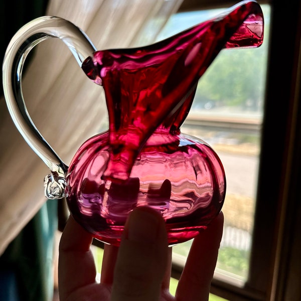 Vintage Rossi Hand Blown Glass Cranberry Pitcher Vase Draped Pulled Rim 5"