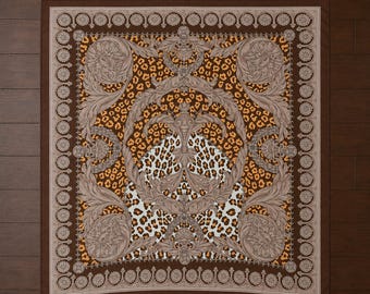 Vintage italienischer Leopard Barock Schal | 34x35 Quadratischer Schal | Neutraler Tierdruck | Taupe Braun | Statement Schal