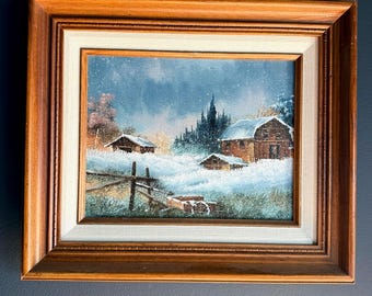 Vintage Original Winter Farm Landscape Oil Painting on Canvas 15” x 13” | Framed Snow Scene Wall Art | Rustic Cabin Cottage Decor