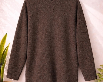 Vintage Brown Teddy Fleece Pullover | Razorfish V-Neck Sweater | Womens Large