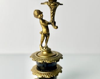 Vintage Gold Cherub Candlestick Holder Dark Blue Base Baroque Rococo Putti Candle Holder Hollywood Regency Decor