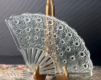 Vintage Pressed Glass Fan Dish | Crystal Fan Shaped Vanity Tray | Decorative Glass Trinket Dish | Art Deco Style Glass Decor
