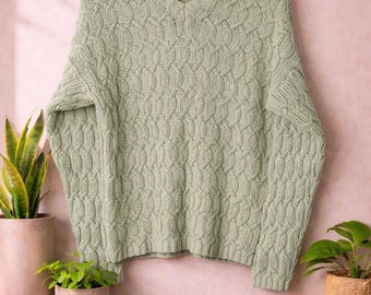Vintage 90s Basic Editions Sage Green Cable Knit Sweater | Chunky Knit Cottagecore Pullover | Coastal Grandmother | Women’s Large