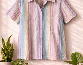 Vintage Cabin Creek Pastel Striped Two Piece Set | Tank & Button Up Shirt Cotton Crinkle Top | Coastal Cottagecore Summer Set | Womens Large