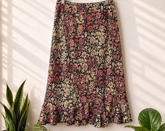 Falda midi floral vintage Y2K / Negro, burdeos y beige / Estilo gótico grunge bohemio / Hecha en EE. UU. / Talla XL