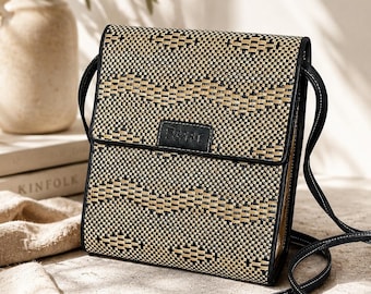 Vintage 80er/90er Jahre Esprit Gewebte Crossbody Geldbörse Geldbörse Schwarz & Creme Boho Minimalist Tasche