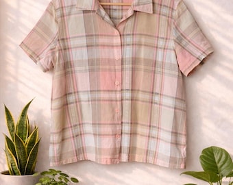 Vintage 90s Cabin Creek Plaid Cotton Button Front Shirt | Cottagecore Blouse | Pastel Plaid Short Sleeve Top | Women’s XL