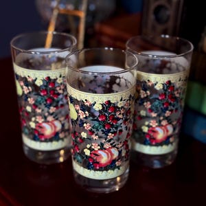 May include: Three clear glass tumblers with a floral pattern. The pattern features red, pink, yellow, and green flowers and berries. The glasses are on a dark brown surface.