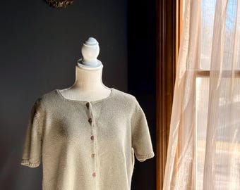 Vintage 90s Cherokee Knit Cardigan Top Sage Green Button Front Minimalist Cottagecore Sweater Women’s Large
