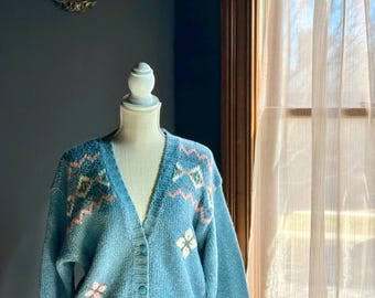 Vintage 90s Floral Southwest Knit Cardigan Blue Pink Boho Cottagecore Sweater Women’s Medium
