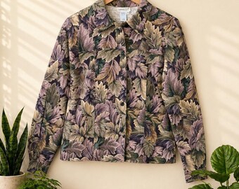 Chaqueta vintage de los 90 con estampado de hojas de Coldwater Creek, color morado y verde, de algodón, estilo cottagecore, hecha en EE. UU., talla pequeña.
