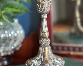 Vintage Baroque Silver Plate Footed Candlestick Intricate Flower Leaves Design