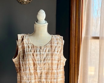 Vintage Y2K Sonoma Stretch Plaid Sleeveless Blouse – Neutral Cottagecore Plaid Tank Top – Casual Summer Layer – Size Large