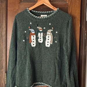Vintage 2005 Christopher & Banks Snowman Sweater Green Hand Embroidered Christmas Winter Pullover Womens Large
