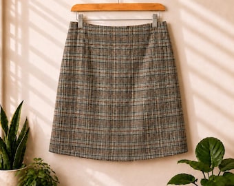 Minifalda vintage de mezcla de lana a cuadros marrones, totalmente forrada, estilo preppy Dark Academia, para otoño e invierno, talla 16.