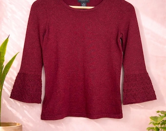 Vintage Y2K Liz Claiborne Burgundy Metallic Knit Top | Bell Sleeve Shimmer Sweater | Early 2000s Office Core Minimal Glam XS