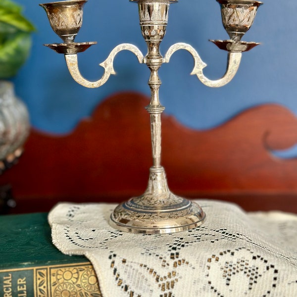 Vintage 3 Arm Metal Silver Etched Candelabra Stamped ZY India World Gift