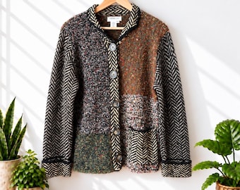 Vintage 90s Coldwater Creek Patchwork Cardigan Wool Blend Herringbone Speckled Sweater Artsy Cottagecore Size PXL