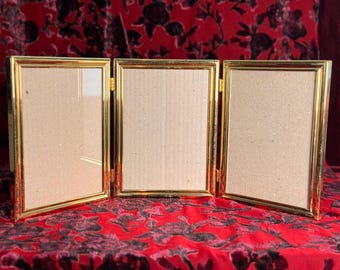 Vintage Brass Triple Hinged Picture Frame 5x7 | MCM Minimalist Gold Folding Frame | Mid Century Modern Photo Display | 3 Panel Frame