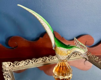 Vintage Murano Glass Pheasant/Road Runner/Game Bird On Pedestal MCM Orange Green