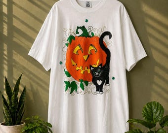 Camiseta vintage de los 90 con encanto campestre, estampado de Halloween, gato negro, calabaza de Jack-o'-lantern, purpurina y diamantes de imitación, talla grande.