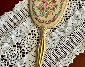 Vintage Gold Handheld Vanity Dresser Mirror Faux Needlepoint Floral Design