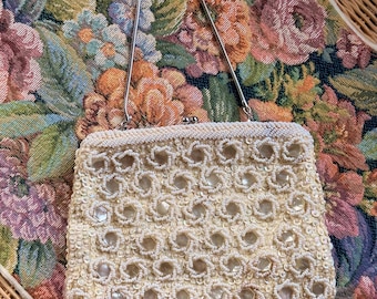 Vintage 50er/60er Jahre Richere Hand Made in Hong Kong Perlen Abendtasche | Elfenbein Pailletten Clutch Geldbörse | Braut-Cocktail-Handtasche