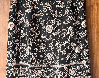 Vintage 90’s Y2K Black Floral Scroll Skirt | Tan Ornate Border Print Midi Skirt | Dark Academia Whimsigoth Boho | Womens Medium