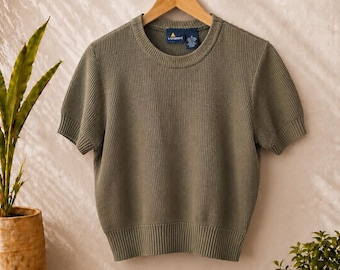 Vintage Lizsport olivgrön våffelstickad kort tröja | Tillverkad i USA | Damstorlek S | Minimalistisk Cottagecore 90-talsbas