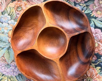 Vintage Monkeypod Wood Divided Serving Bowl | Mid Century Modern Wooden Relish Tray | 5 Section Snack Bowl | Hawaiian Style Entertaining