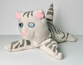 Peluche vintage de gato atigrado gris Tonka Pound Pur-r-ries de 1985, ojos azules, 33 cm (13 pulgadas), hecho en Corea.