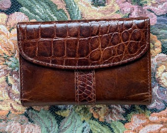 Vintage Buxton Vollnarbenrindsleder Brieftasche | Braun Leder Geldbörse Organizer | Croc geprägte Borte | Druckknopfverschluss