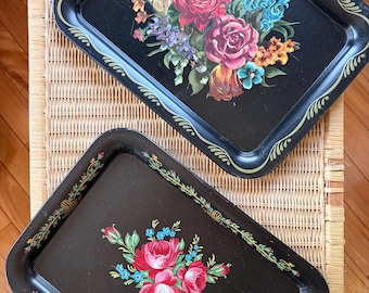 Vintage 50s Floral Toleware Serving Tray | Choose Design | Hand Painted Metal Tray | Black Enamel Cottagecore Decor