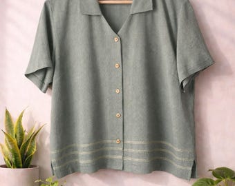 Vintage 90s Sage Green Micro Check Blouse • Minimalist Button Front Top • Cottagecore Coastal Casual Shirt • Women’s Large