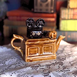 Vintage Miniature Ceramic Teapot Desk with Telephone &  Film Projector | Unique Collectible