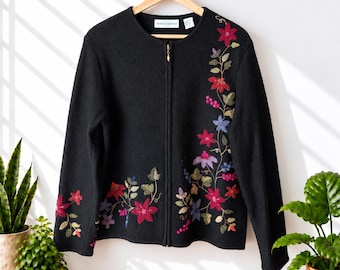 Vintage 90s Marisa Christina 100% Wool Zip Front Cardigan Sweater Black Floral Embroidered Medium