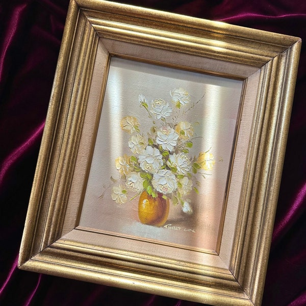 Vtg White Floral Still Life Oil On Canvas Signed Robert Cox 13”x15” Gold Frame