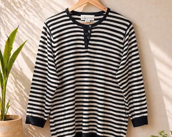 Vintage 90s Nautical Striped Sweater | Navy & White Henley Knit | Preppy Coastal Classic | Womens XL