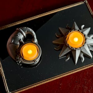 Vintage Celestial Sun & Moon Tealight Candle Holder Set | Metal Silver Tone | Whimsical Decor