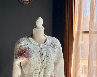 Vintage 90s Floral Cable Knit Sweater Cottagecore Cream Knit Pullover Embroidered Flowers Cozy Grandma Sweater Women’s Medium