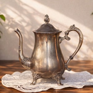 Vintage Ornate Floral Silverplate Footed Coffee Pot / Teapot | Victorian Rococo Revival Style
